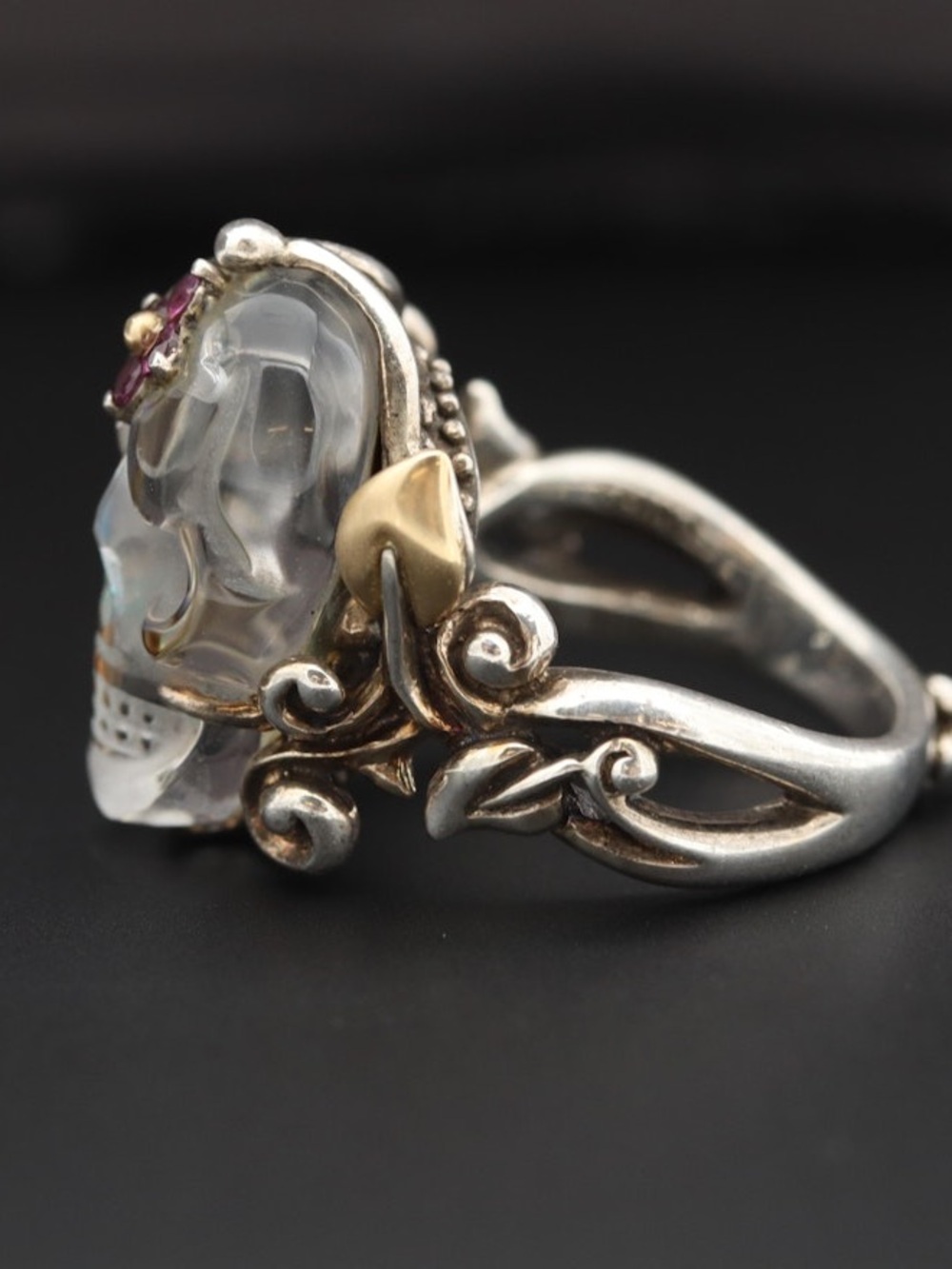 Bixby Sterling Silver Crystal Skull Ring 18K Yellow Gold & Garnet Accents Size 9 - Picture 6 of 7
